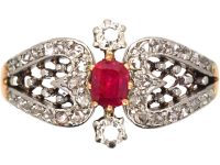 Early 20th Century 14ct Gold Ornate Ruby & Diamond Heart Shaped Ring