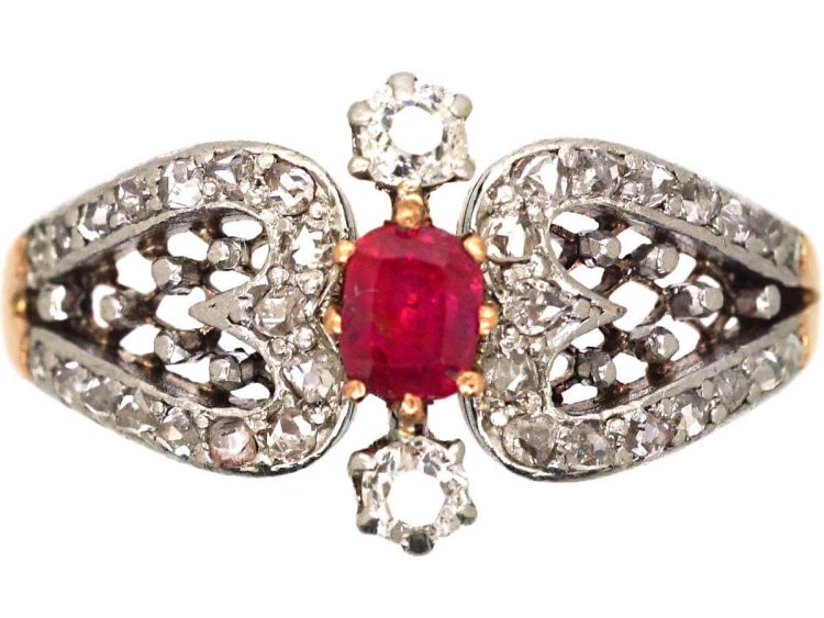 Early 20th Century 14ct Gold Ornate Ruby & Diamond Heart Shaped Ring