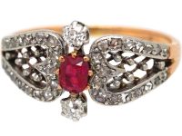 Early 20th Century 14ct Gold Ornate Ruby & Diamond Heart Shaped Ring