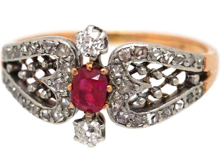 Early 20th Century 14ct Gold Ornate Ruby & Diamond Heart Shaped Ring