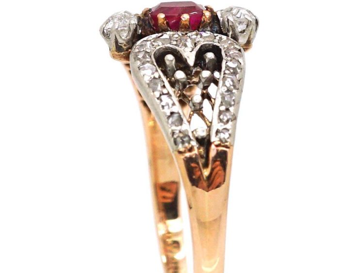 Early 20th Century 14ct Gold Ornate Ruby & Diamond Heart Shaped Ring