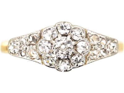 Edwardian 18ct Gold & Platinum Diamond Cluster Ring with Rose Diamond set Shoulders