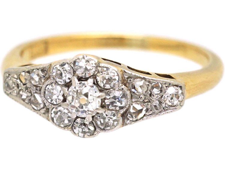Edwardian 18ct Gold & Platinum Diamond Cluster Ring with Rose Diamond set Shoulders