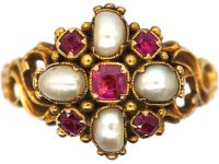 Early Victorian 15ct Gold Ruby & Natural Split Pearl Cluster Ring with Pierced Shoulders