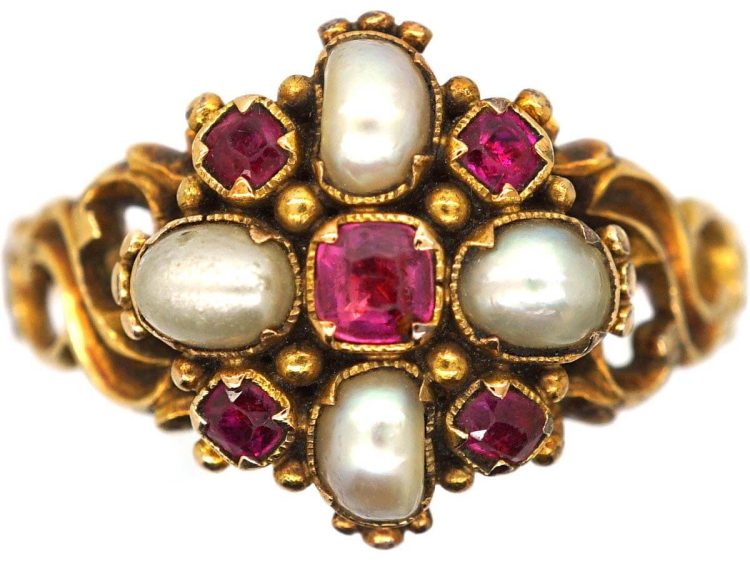 Early Victorian 15ct Gold Ruby & Natural Split Pearl Cluster Ring with Pierced Shoulders
