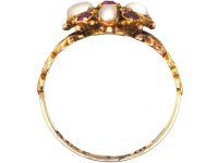 Early Victorian 15ct Gold Ruby & Natural Split Pearl Cluster Ring with Pierced Shoulders