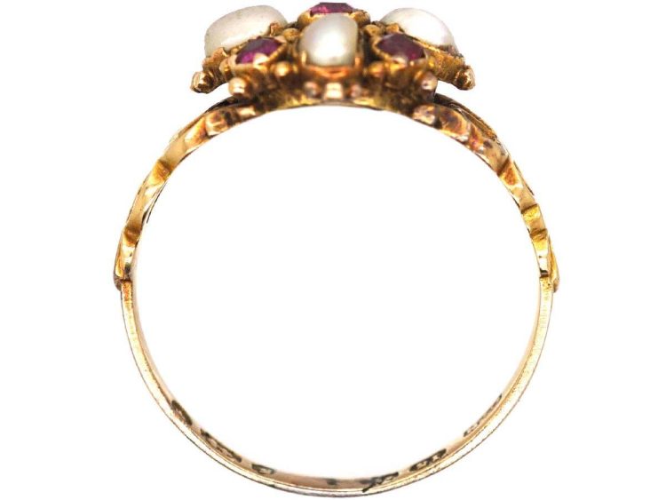 Early Victorian 15ct Gold Ruby & Natural Split Pearl Cluster Ring with Pierced Shoulders