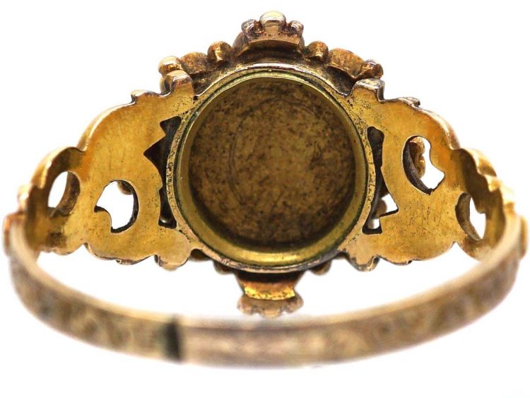 Early Victorian 15ct Gold Ruby & Natural Split Pearl Cluster Ring with Pierced Shoulders