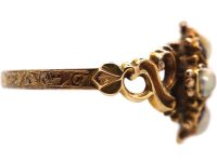 Early Victorian 15ct Gold Ruby & Natural Split Pearl Cluster Ring with Pierced Shoulders