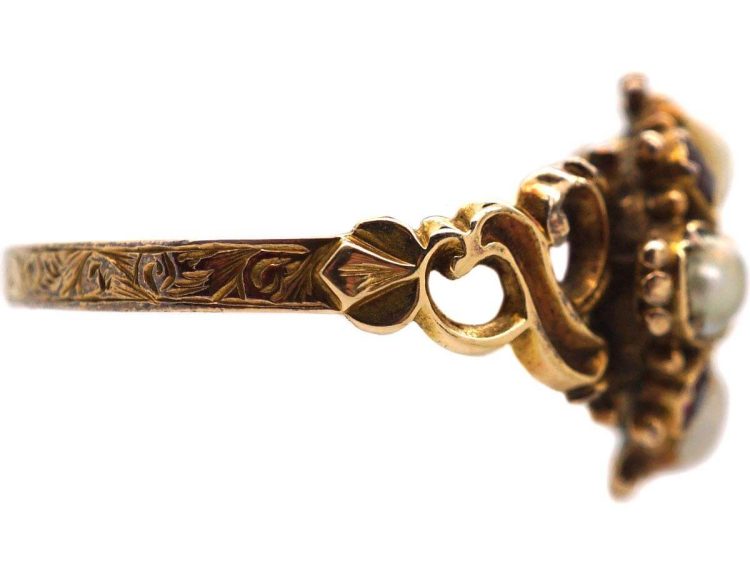 Early Victorian 15ct Gold Ruby & Natural Split Pearl Cluster Ring with Pierced Shoulders