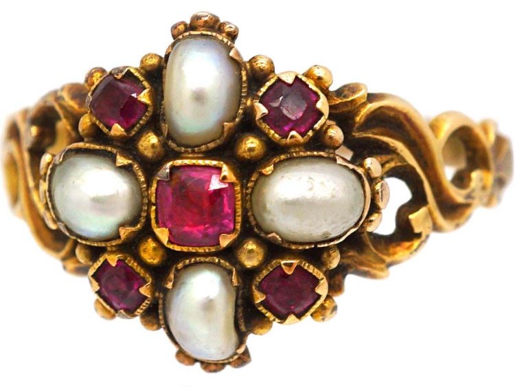 Early Victorian 15ct Gold Ruby & Natural Split Pearl Cluster Ring with Pierced Shoulders
