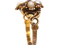 Early Victorian 15ct Gold Ruby & Natural Split Pearl Cluster Ring with Pierced Shoulders