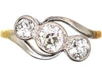 Edwardian 18ct Gold & Platinum Three Stone Diamond Crossover Ring