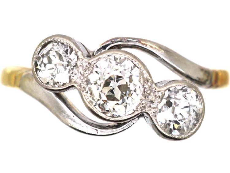 Edwardian 18ct Gold & Platinum Three Stone Diamond Crossover Ring