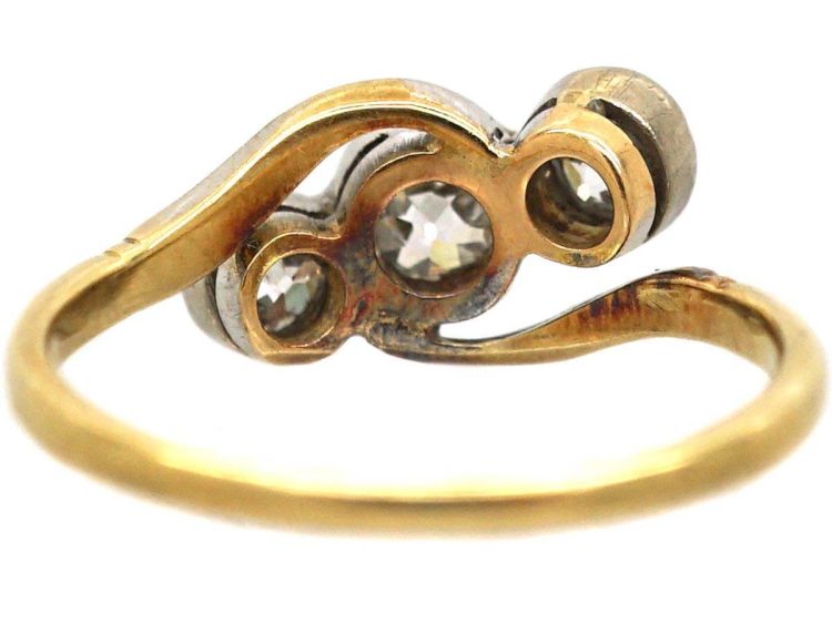 Edwardian 18ct Gold & Platinum Three Stone Diamond Crossover Ring