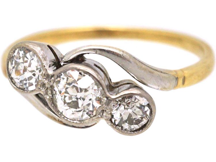 Edwardian 18ct Gold & Platinum Three Stone Diamond Crossover Ring