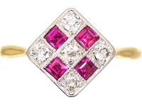 Art Deco 18ct Gold & Platinum Diamond Shaped Ring set with Rubies & Diamonds