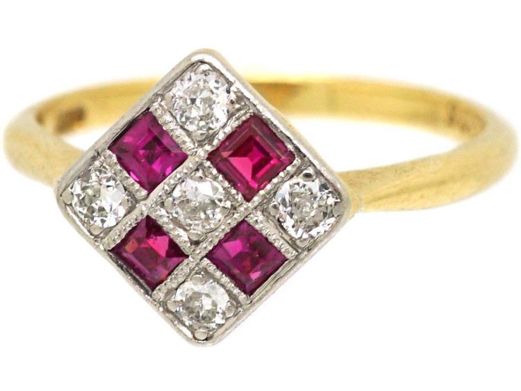 Art Deco 18ct Gold & Platinum Diamond Shaped Ring set with Rubies & Diamonds