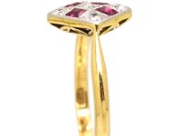 Art Deco 18ct Gold & Platinum Diamond Shaped Ring set with Rubies & Diamonds