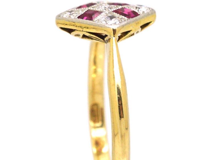 Art Deco 18ct Gold & Platinum Diamond Shaped Ring set with Rubies & Diamonds