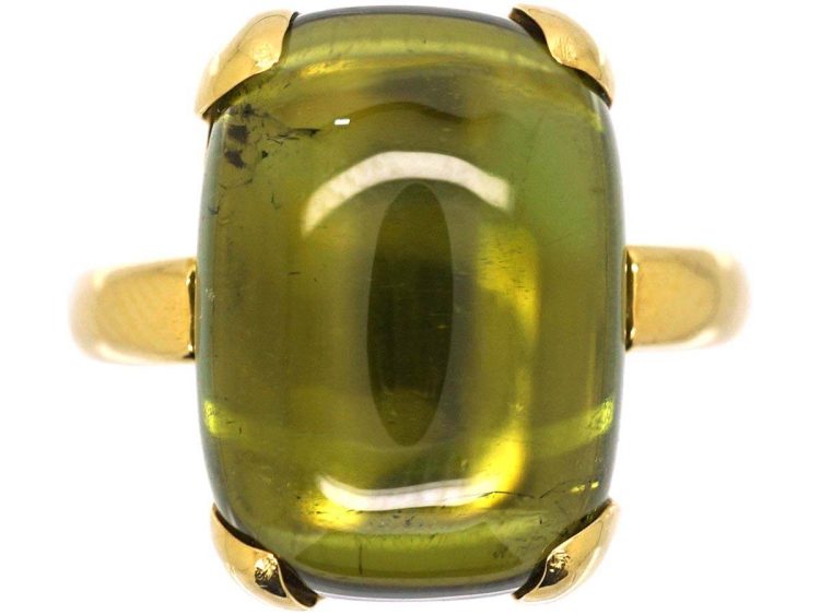 Modernist 18ct Gold Ring set with a Cabochon Cut Green Tourmaline