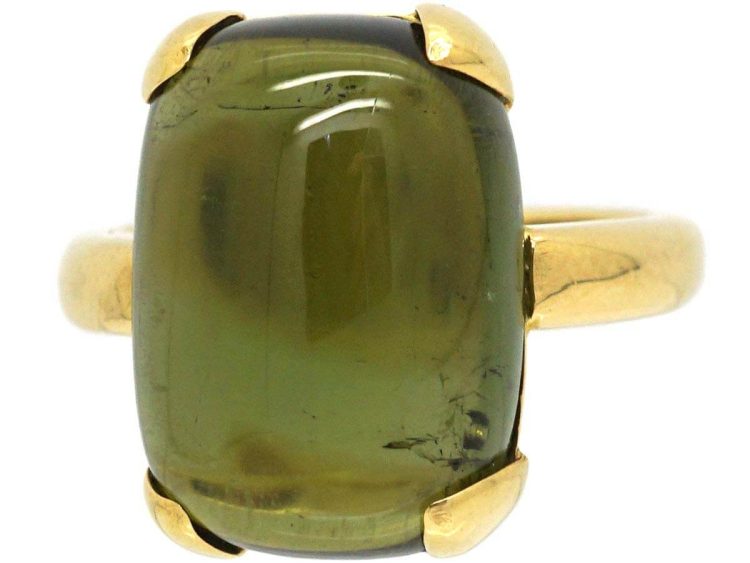 Modernist 18ct Gold Ring set with a Cabochon Cut Green Tourmaline
