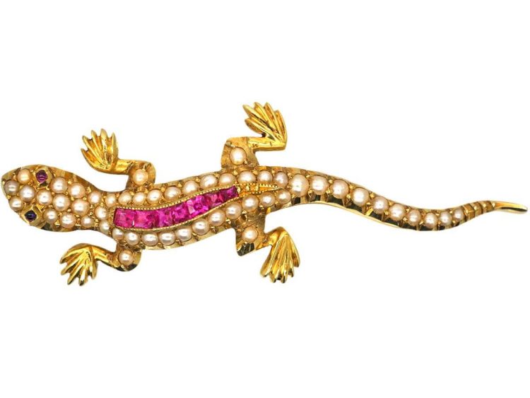 Edwardian 15ct Gold Lizard Brooch set with Rubies & Natural Split Pearls