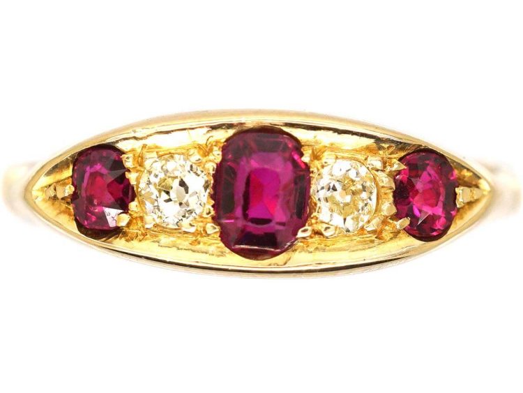 Edwardian 18ct Gold Boat Shaped Ring set with Rubies & Diamonds