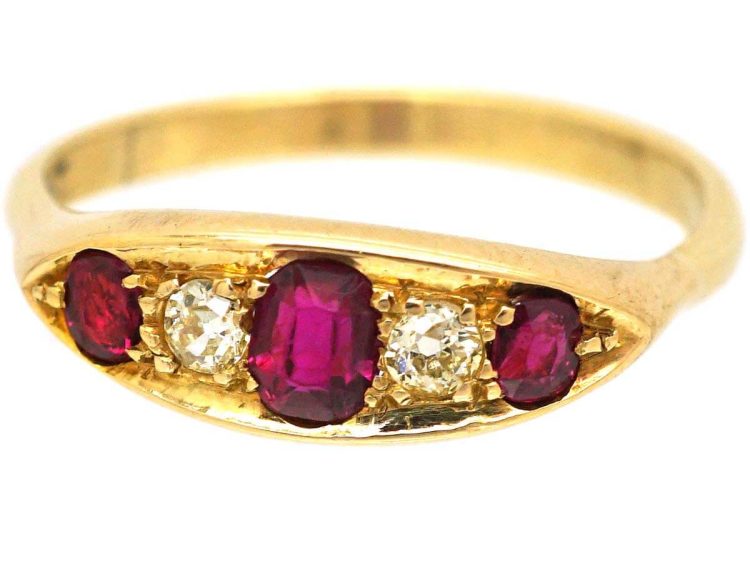 Edwardian 18ct Gold Boat Shaped Ring set with Rubies & Diamonds