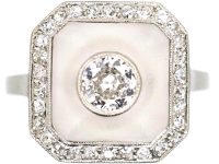 Art Deco French Platinum, Frosted Rock Crystal & Diamond Ring