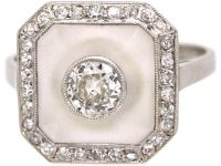 Art Deco French Platinum, Frosted Rock Crystal & Diamond Ring