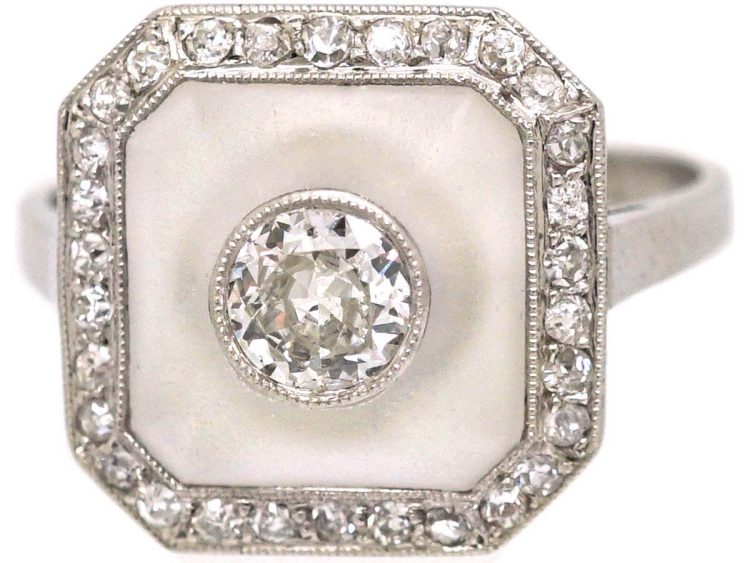 Art Deco French Platinum, Frosted Rock Crystal & Diamond Ring