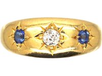 Victorian 18ct Gold Three Stone Sapphire & Diamond Gypsy Ring