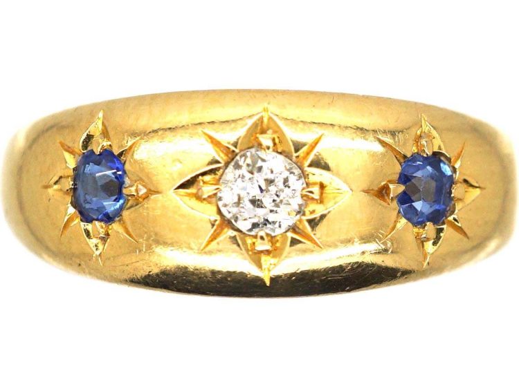 Victorian 18ct Gold Three Stone Sapphire & Diamond Gypsy Ring