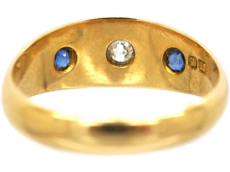 Victorian 18ct Gold Three Stone Sapphire & Diamond Gypsy Ring