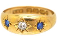 Victorian 18ct Gold Three Stone Sapphire & Diamond Gypsy Ring