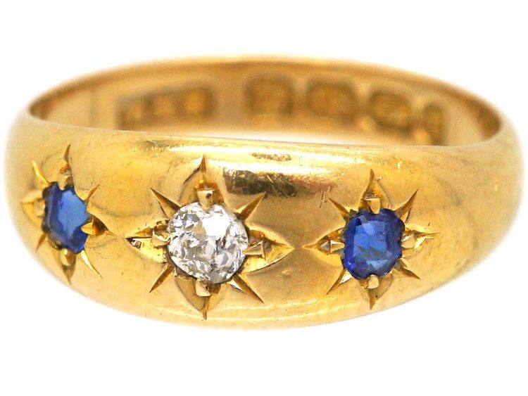 Victorian 18ct Gold Three Stone Sapphire & Diamond Gypsy Ring