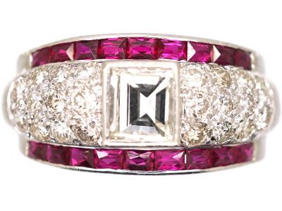 Art Deco Irridium & Platinum Rectangular Flat Cut Diamond & French Cut Ruby Ring
