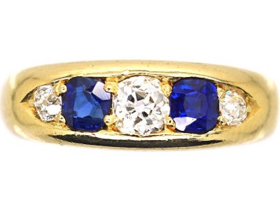 Victorian 18ct Gold Boat Shaped Ring set with Diamonds & Sapphires