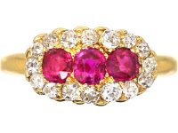 Victorian 18ct Gold Three Stone Ruby & Diamond Oval Cluster Ring