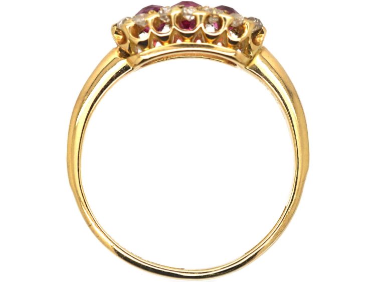 Victorian 18ct Gold Three Stone Ruby & Diamond Oval Cluster Ring