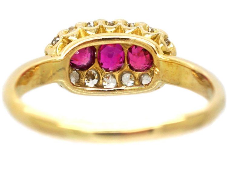 Victorian 18ct Gold Three Stone Ruby & Diamond Oval Cluster Ring