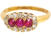 Victorian 18ct Gold Three Stone Ruby & Diamond Oval Cluster Ring
