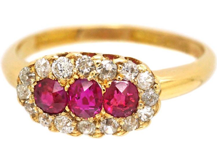 Victorian 18ct Gold Three Stone Ruby & Diamond Oval Cluster Ring