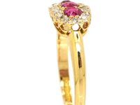 Victorian 18ct Gold Three Stone Ruby & Diamond Oval Cluster Ring