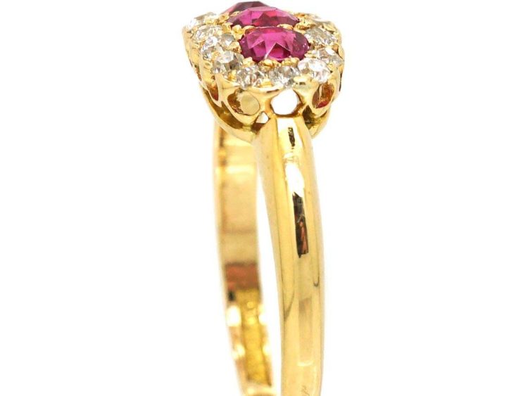 Victorian 18ct Gold Three Stone Ruby & Diamond Oval Cluster Ring