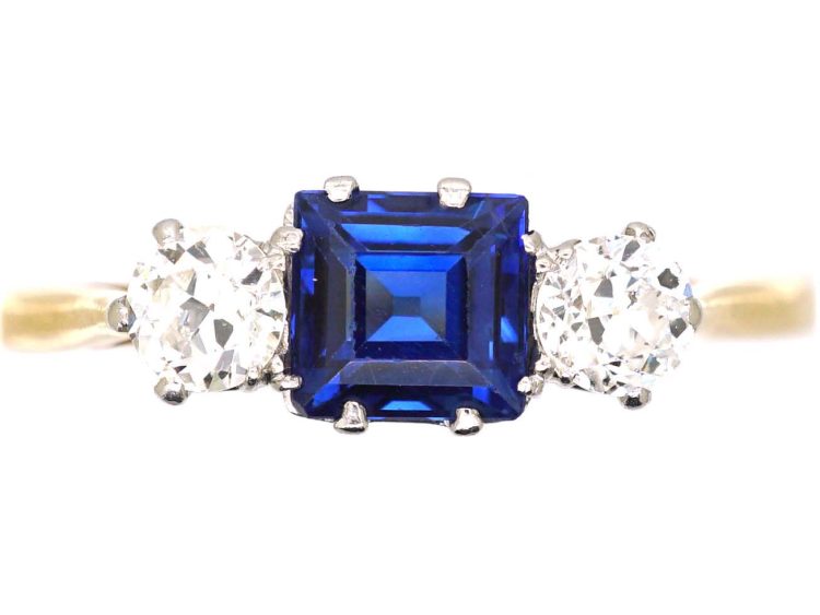 Edwardian 18ct Gold & Platinum Sapphire & Diamond Three Stone Ring