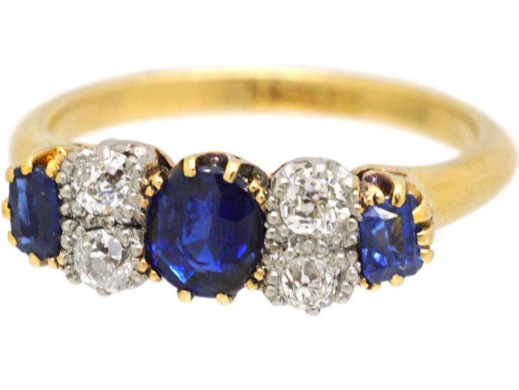 Edwardian 18ct Gold & Platinum Three Stone Sapphire & Diamond Ring
