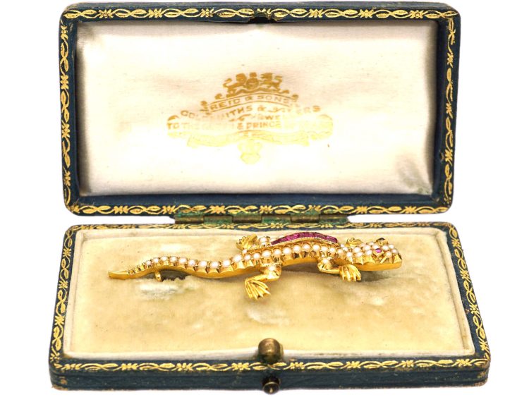 Edwardian 15ct Gold Lizard Brooch set with Rubies & Natural Split Pearls