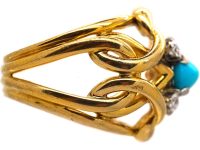 1970s French 18ct Gold & Platinum Turquoise & Diamond Coil Ring